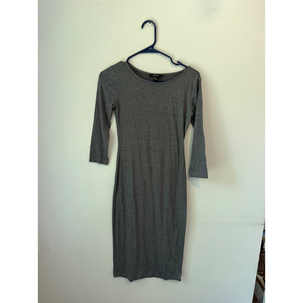 Forever 21 Womens Gray Bodycon Midi Dress 3/4 Sleeve Scoop Neck Size Small